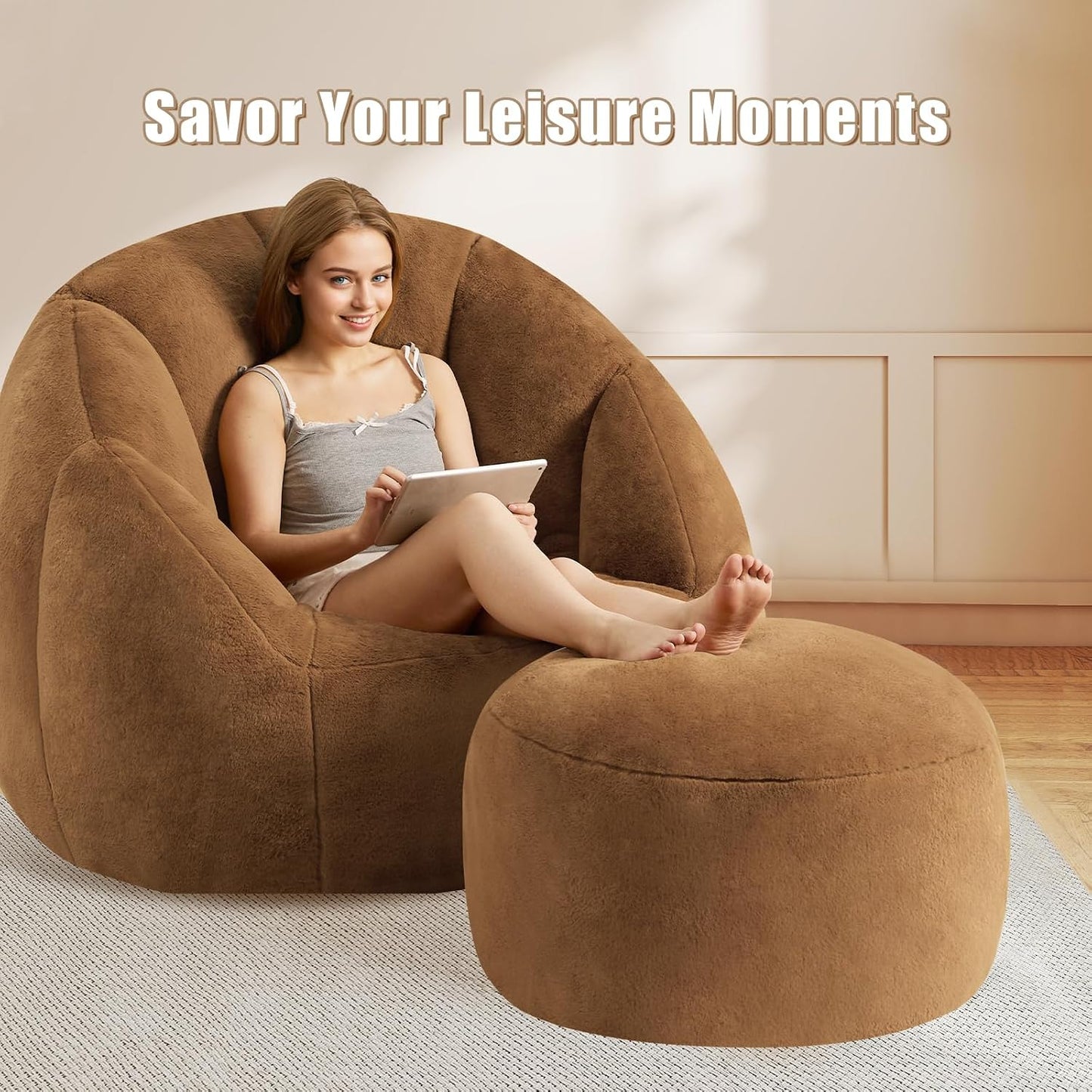 Round Stuffed Pouf Ottoman Foot Rest, Faux Fur Poufs with Memory Foam Filling, Ottomans for Living Room, Nursery, Dorm, Soft Foot Stool Ottoman for Couch, Perfect for Resting Your Feet (Grey, 20 Inch)