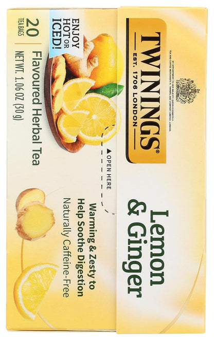 Twinings Lemon & Ginger Herbal Tea Individually Wrapped Bags, 20 Count (Pack of 1), Tangy Lemon, Spicy Ginger, Naturally Caffeine-Free, Enjoy Hot or Iced, 20 Teabags