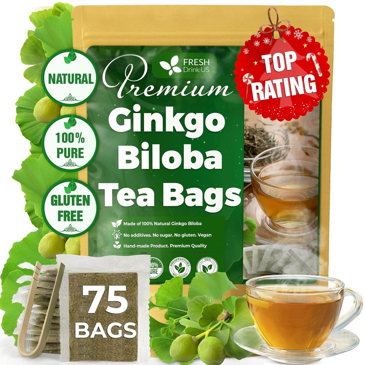 FreshDrinkUS, Premium Ginkgo Biloba Leaf Tea, 75 Count, Pure, No Caffeine