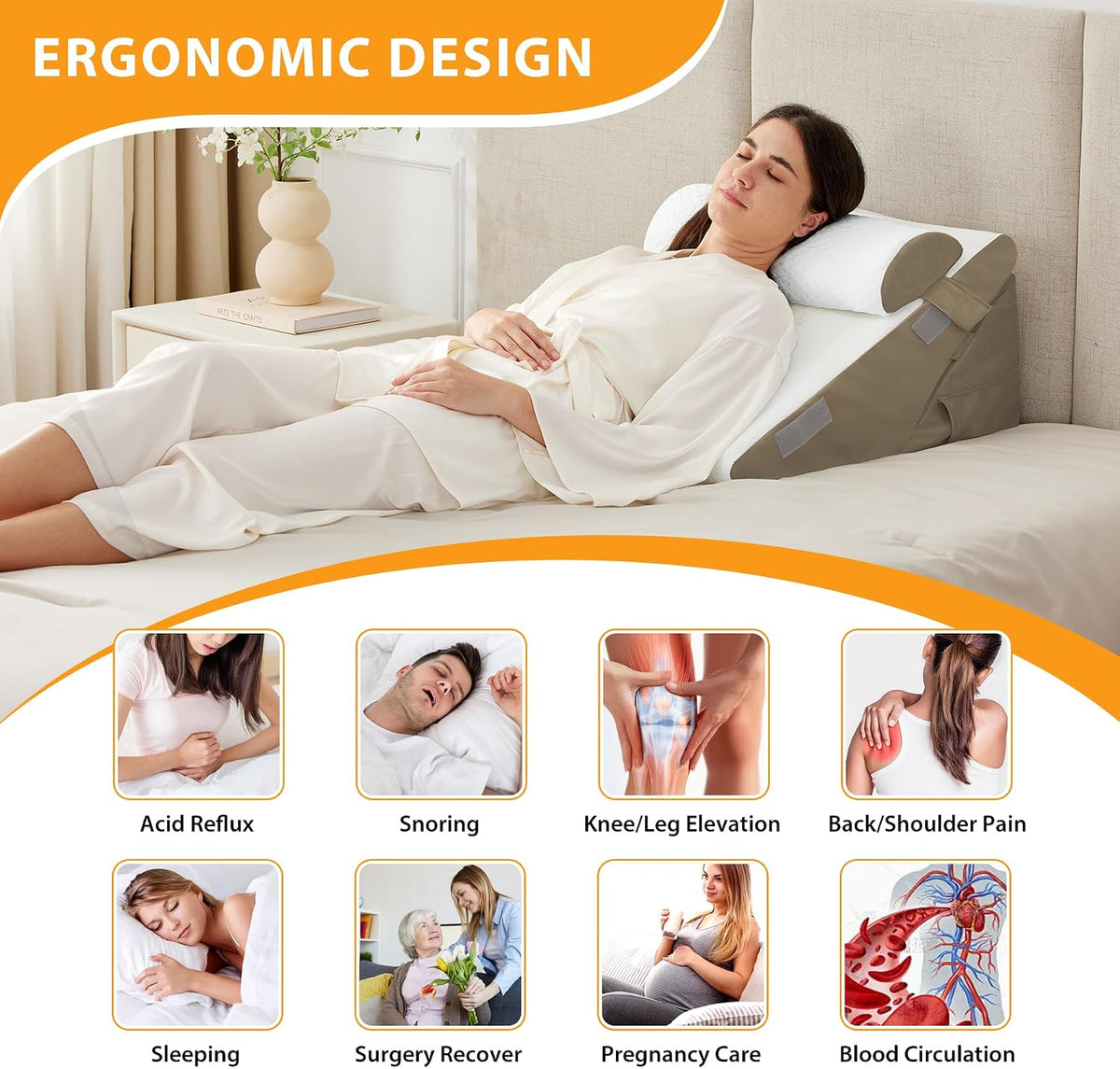 Ruqmuis Wedge Pillow Set for After Surgery, 3PCS Adjustable 9&12 Inch Bed Wedge Pillow for Sleeping, Incline Pillow Wedge for Headboard, Post Surgery, Acid Reflux, Neck&Back Support, White/Grey