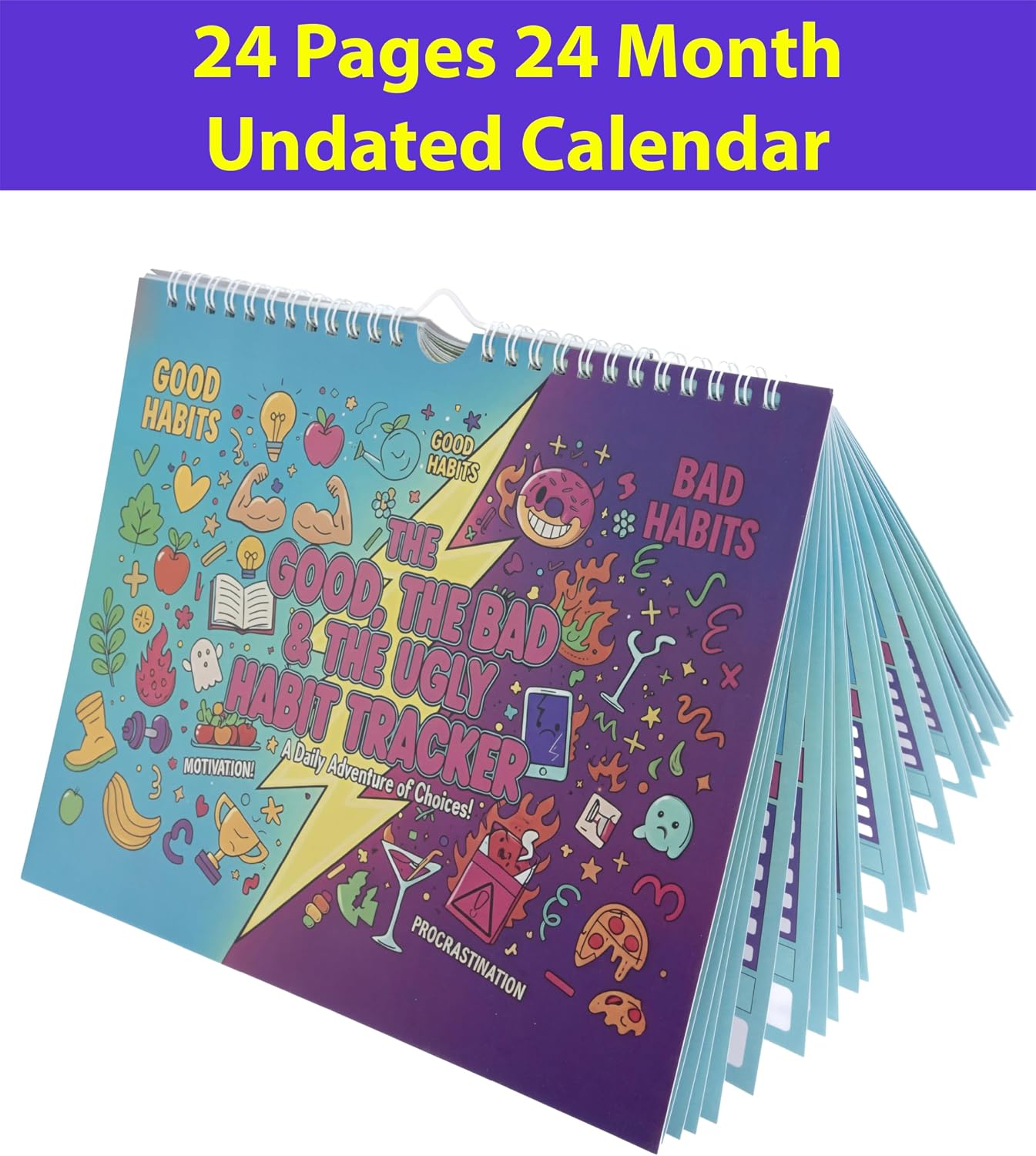 24‑Month Habit Tracker – Good/Bad Habit Tracking, Colorful Pages, 8''x10'' Journal Planner Undated Calendar with Spiral Binding, Start‑Any‑Month Flexibility