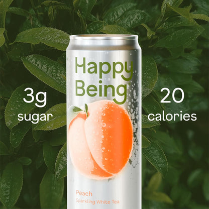 Happy Being Peach Sparkling White Tea, Antioxidant, 12oz 4 Pack