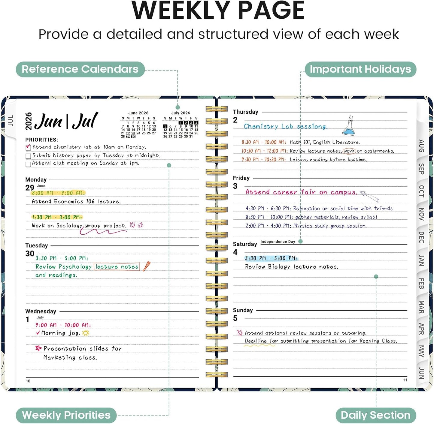 Planner 2026-2027, Academic Monthly and Weekly Calendar Planner for Women, July 2026 - June 2027, Hardcover Pretty Agenda Planner Book with Tabs, Spiral Daily Organizer for School Office Home Supplies, 6.3" x 8.5" - Blue Floral