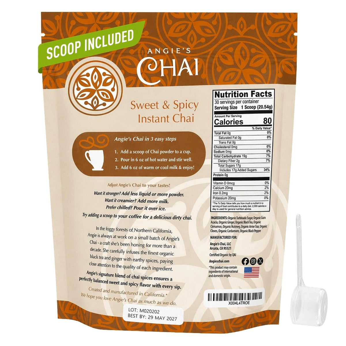 Angie's Chai Sweet & Spicy Organic Instant Chai Tea Powder - Made in USA, Delicious Spiced Mix, 30 Servings, 80 Calories, Handcrafted, Free of Artificial Ingredients, Natural Indian Spice, 12 oz
