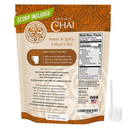 Angie's Chai Sweet & Spicy Organic Instant Chai Tea Powder - Made in USA, Delicious Spiced Mix, 30 Servings, 80 Calories, Handcrafted, Free of Artificial Ingredients, Natural Indian Spice, 12 oz