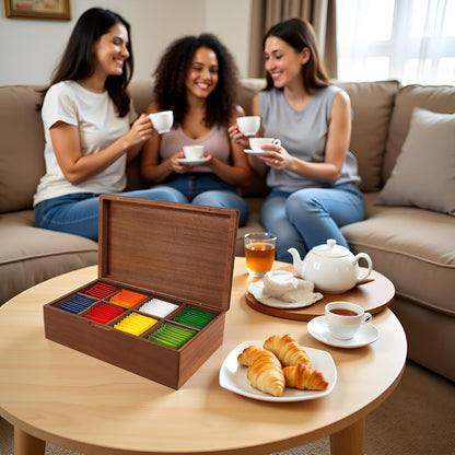 Acacia Wood Tea Bag Organizer Box – 8-Compartment Tea Storage Container Tea Caddy Holder with Removable Dividers – Rustic Tea Chest for Kitchen Counter, Coffee & Tea Station, Gifts