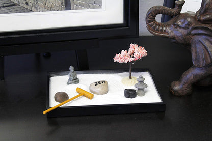 Nature's Mark Mini Zen Garden Kit for Desk with Rake, White Sand, Lotus Figure, 3 Sections Black Square Base, River Rocks and Black Rocks (9Lx9W C)