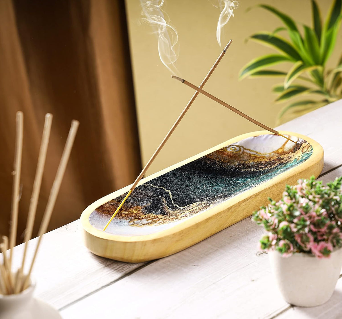 Bless-International Traditional-Handmade-Tray-Burner Wooden-Trat-Incense-Stick-Holder Ash-Catcher-Stand for-Aromatherapy-Meditation-Yoga 11x4x1.22 Inches (Wooden Tray)