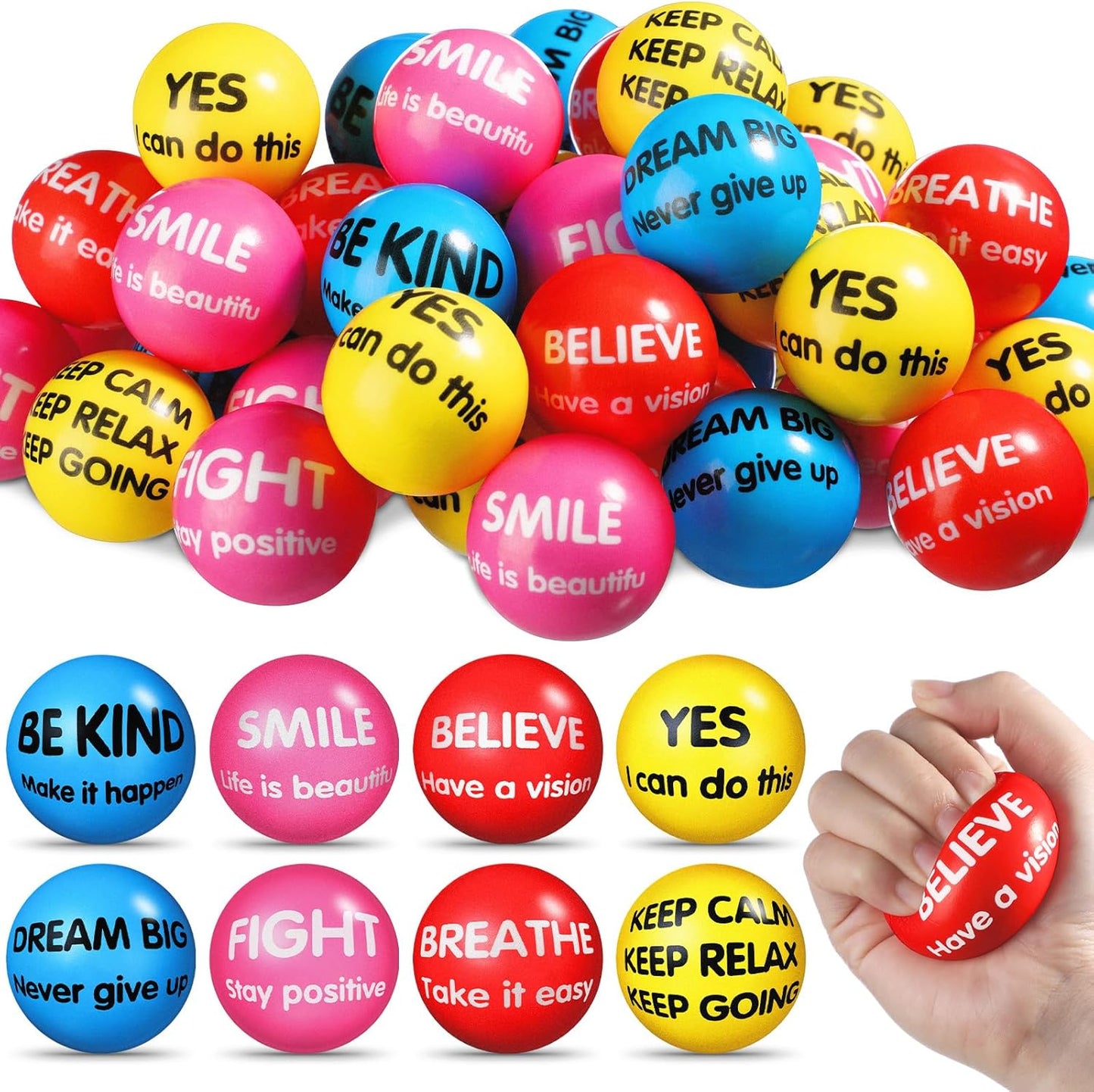 Liliful 100 Pcs Motivational Stress Balls Bulk Inspirational Squeeze Balls for Adults Anxiety Relief Fidget Toys Office Employee Gifts Classroom Rewards 2.2 Inch (Bright Colors)