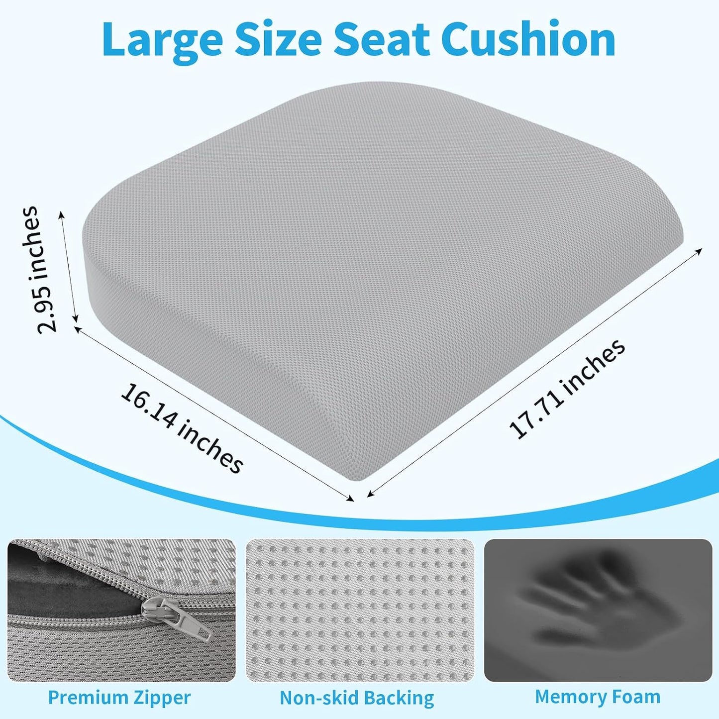 TranquilRelax Large Seat Cushion, Memory Foam Cushion for Long Sitting Hours on Office Chair, Car Seat, Non-Slip Chair Pad for Sciatica, Coccyx, Tailbone Pain Relief & Post-Surgery Recovery (Black)