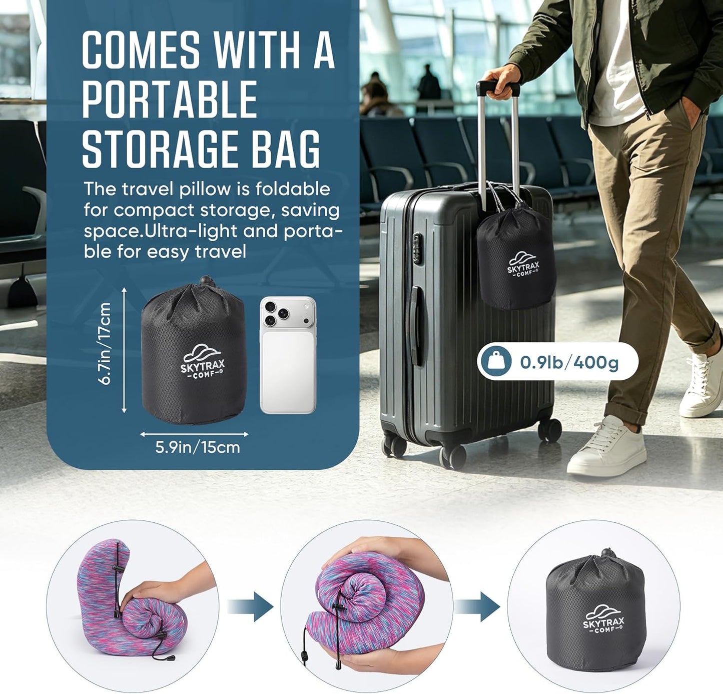 SkytraxComf® Travel Neck Pillow with Hood for Privacy on Long Flights | Memory Foam | Airplane Sleep | Safety-Tested Materials | Extra Large Hood | Chin Support | Earplugs | Washable Cover