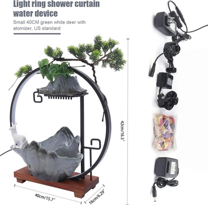 Mini Artificial Bonsai Tree Waterfall Fog Feature Rock Tabletop Fountain | 11in Desktop Decor Waterfall Fountain W/ Water Pump& Atomizer&LED Lights &Fake Tree Office Bedroom Relax