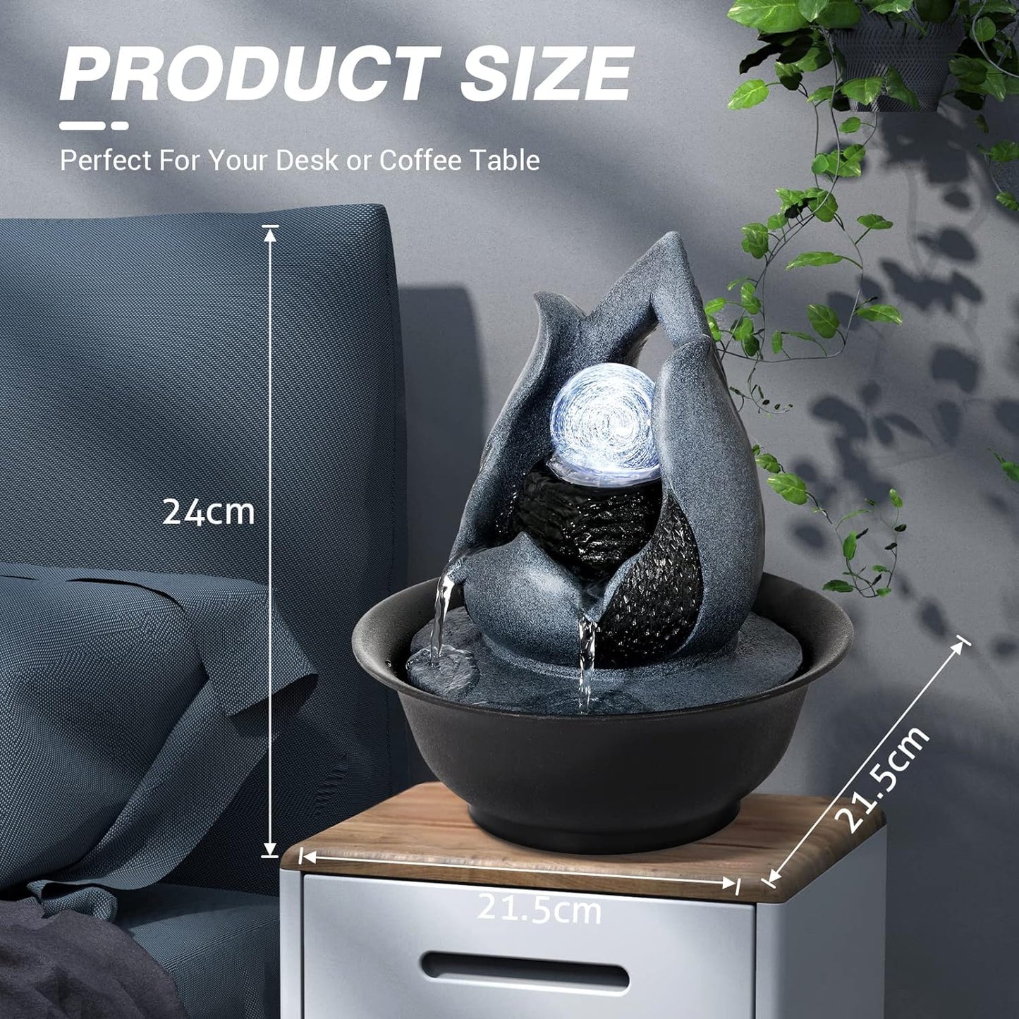 WICHEMI Indoor Fountain Tabletop Fountain Waterfall Fountains Stacked Rocks | Desktop Fountain With LED Light, Soothing Sound, Stress Relief, Humidifies Air, No Plumbing, Easy Setup, 11.8"X8.7"X5.9"