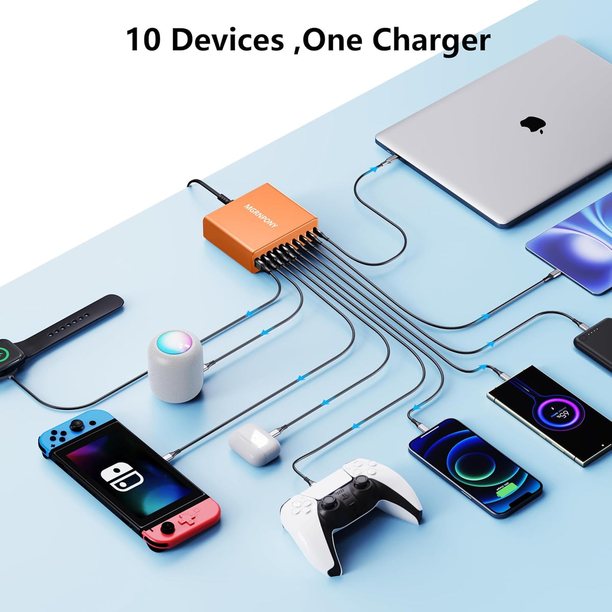 320W USB C Charger Block, MGRNPONY 10-Port GaN USB C Charging Station Black