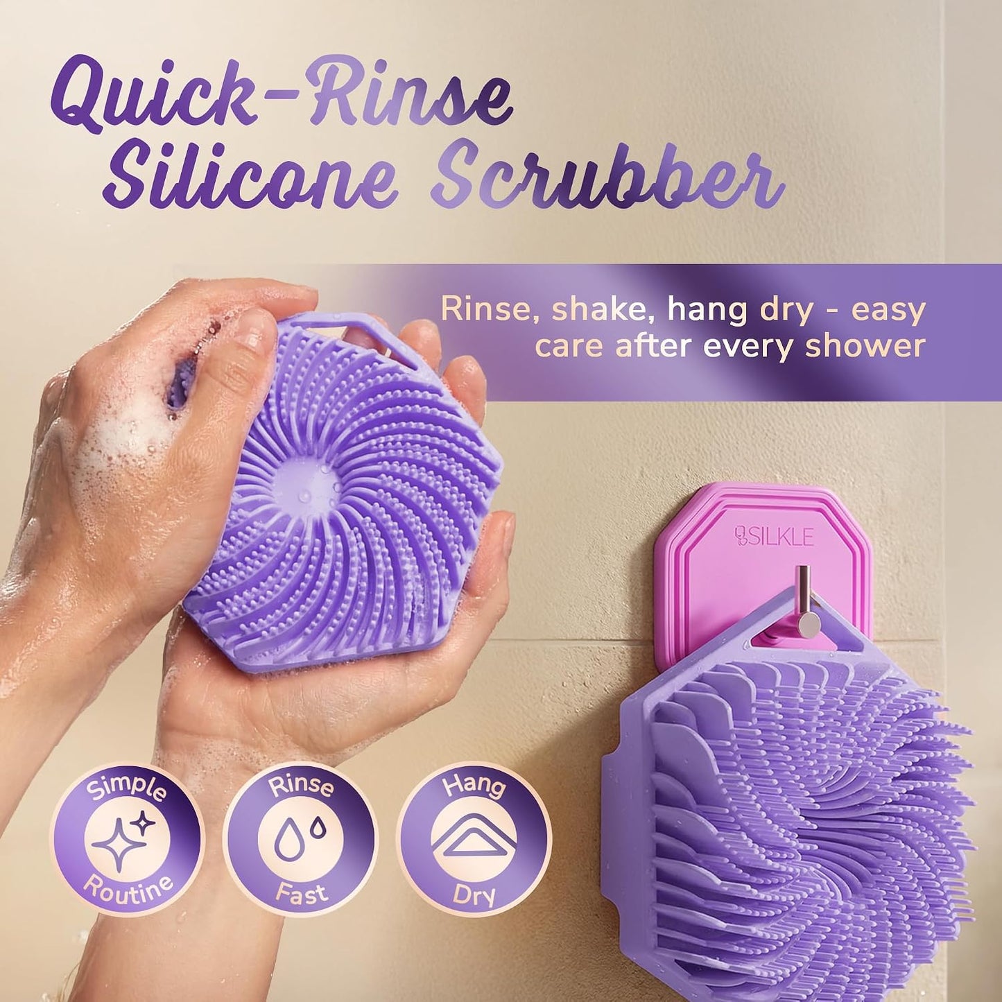 SILKLE Silicone Body Scrubber – Gentle Exfoliating Shower Scrubber for Body & Bath, Silicone Shower Brush & Loofah Alternative – Non-Slip Silicone Body Brush, Quick Dry, Hygienic - Pink