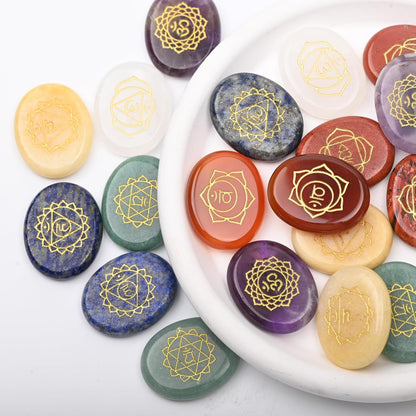 Gemstone Worry Stone, Chakras Worry Stone for Anxiety, Hand Carved Natural Pocket Palm Stones Water Drop Shape 7 Chakra Crystals and Healing Stones for Yoga Meditation 1.7"