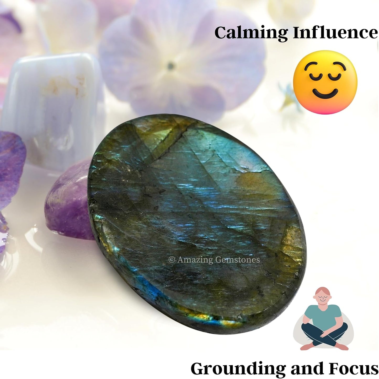 Amazing Gemstone Labradorite Thumb Worry Stone, Anxiety Stone, Healing Crystals - Piedra Crystal Fidget for Gift, Meditation, Calming, Relaxation, Stress Relief - Colors A