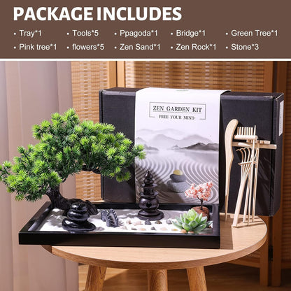 Zen Garden Kit for Desk Decor - Premium Beautiful Japanese Mini Sand Box Set Home, Office with Black Wooden Tray, White Sand, Rake Tools Desktop Meditation, Therapy and Accessories