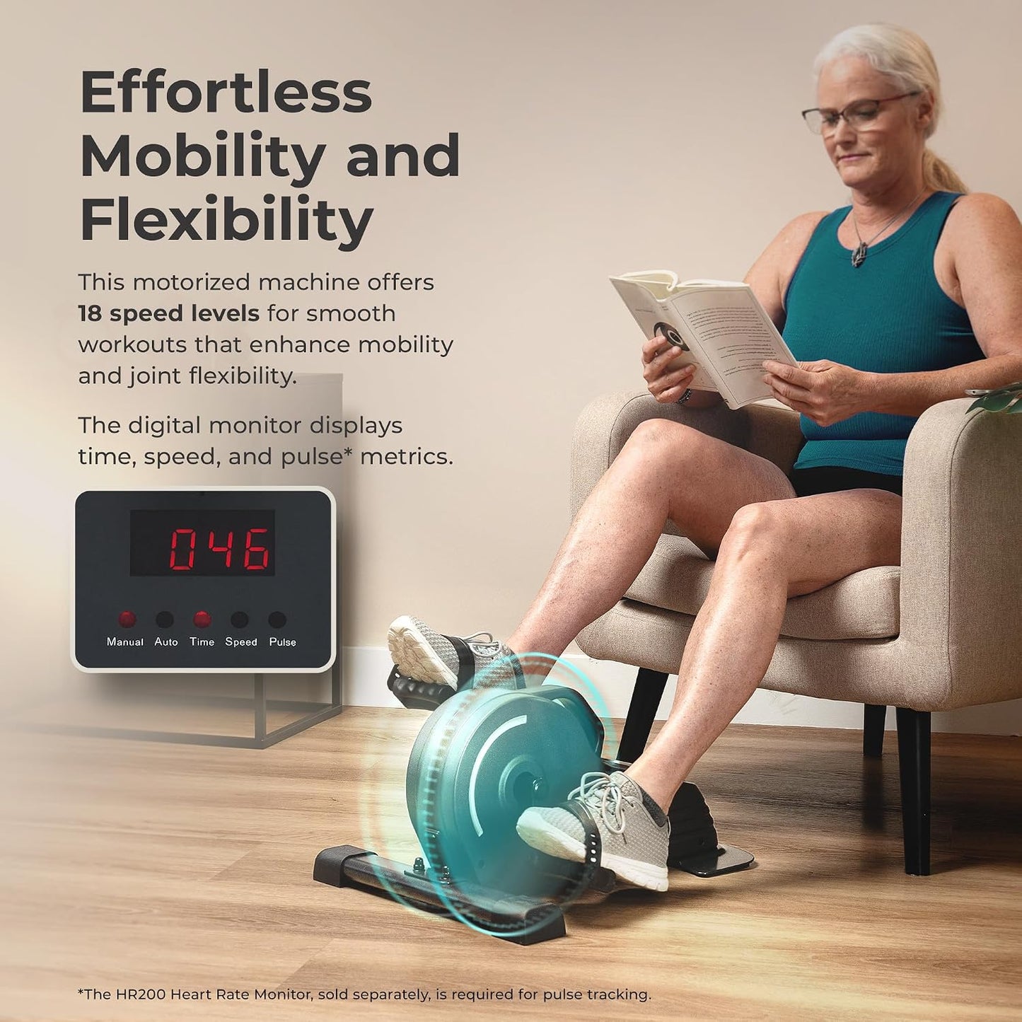 Sunny Health & Fitness Smart Motorized 2-in-1 Pedal Exerciser, Indoor Compact Under-Desk Mini Bike for Low-Impact Cardio Workout and Physical Therapy, Free SunnyFit Training App Connection