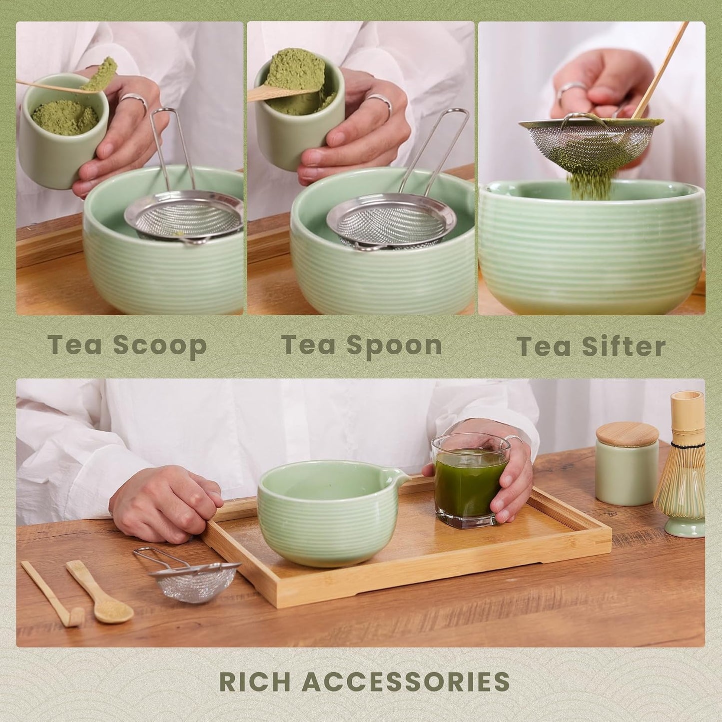 Matcha Whisk Set, Ceramic Matcha Set Includes Matcha Bowl, Matcha Whisk (Chasen) and Holder, Sifter, Bamboo Scoop & Spoon - 6 Pcs Matcha Kit for Matcha Lovers White