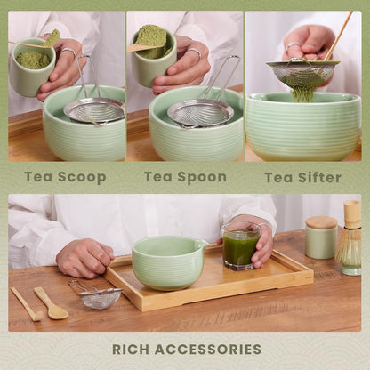 Matcha Whisk Set, Ceramic Matcha Set Includes Matcha Bowl, Matcha Whisk (Chasen) and Holder, Sifter, Bamboo Scoop & Spoon - 6 Pcs Matcha Kit for Matcha Lovers White