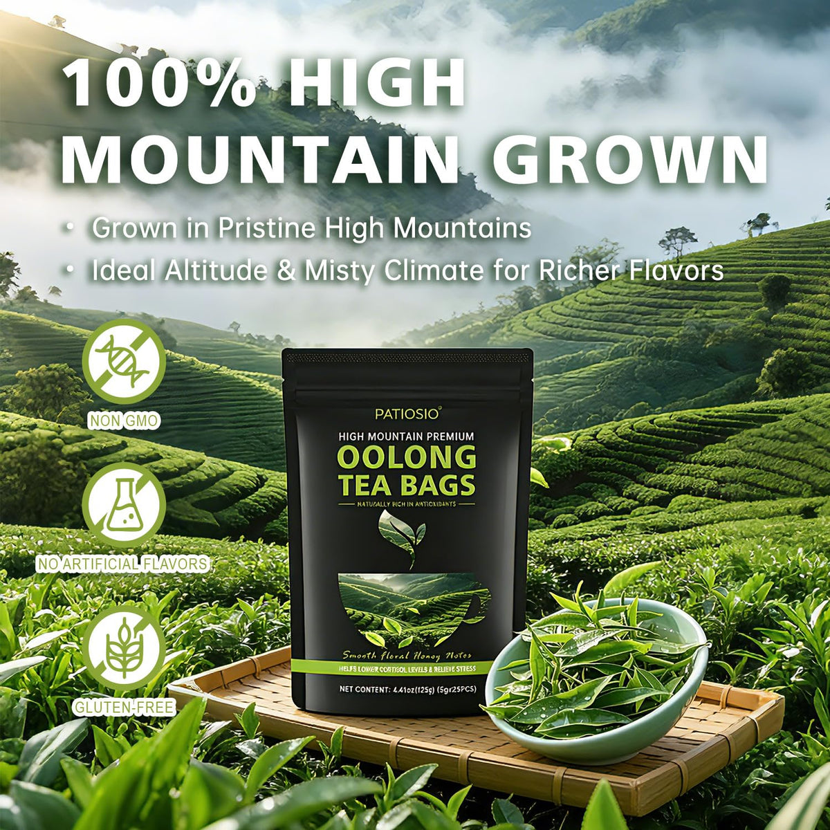 Oolong Tea Bags – Yunnan High-Mountain Oolong Whole Leaf Tea Bags, 25 Bags (5g Each) – Premium Loose Leaf Oolong Tea- Helps Lower Cortisol Levels & Relieve Stress –Smooth Aroma,Low Astringency,Non-GMO