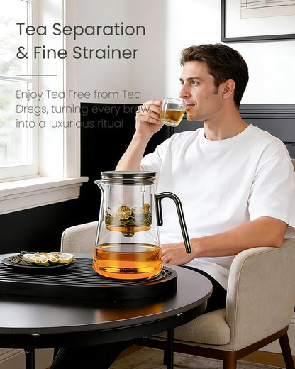 ZENS Magnetic Tea Pot, Enchanted Glass Teapot with Infuser and Magnetic Suction Lid for Mess-Free Loose Tea Diffusers, Walnut Wood Handle, Tea Lovers Gifts