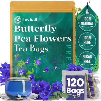 Lavitali, Butterfly Pea Flower Tea | 120 bags, 100% Pure Herbal Tea | Caffeine-Free, Antioxidant-Rich, Eco-Friendly Filter Bag | Daily Natural Botanical, Hot or Iced Floral Infusion