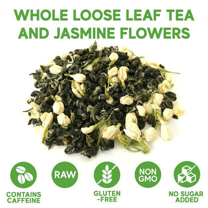 Sou Zen Jasmine Green Tea Loose Leaf Blend, 4oz | Green Tea Leaves with Jasmine Flowers | Fragrant Loose Leaf Jasmine Tea | Resealable Pouch | No Added Sugar, Non-GMO, Gluten Free