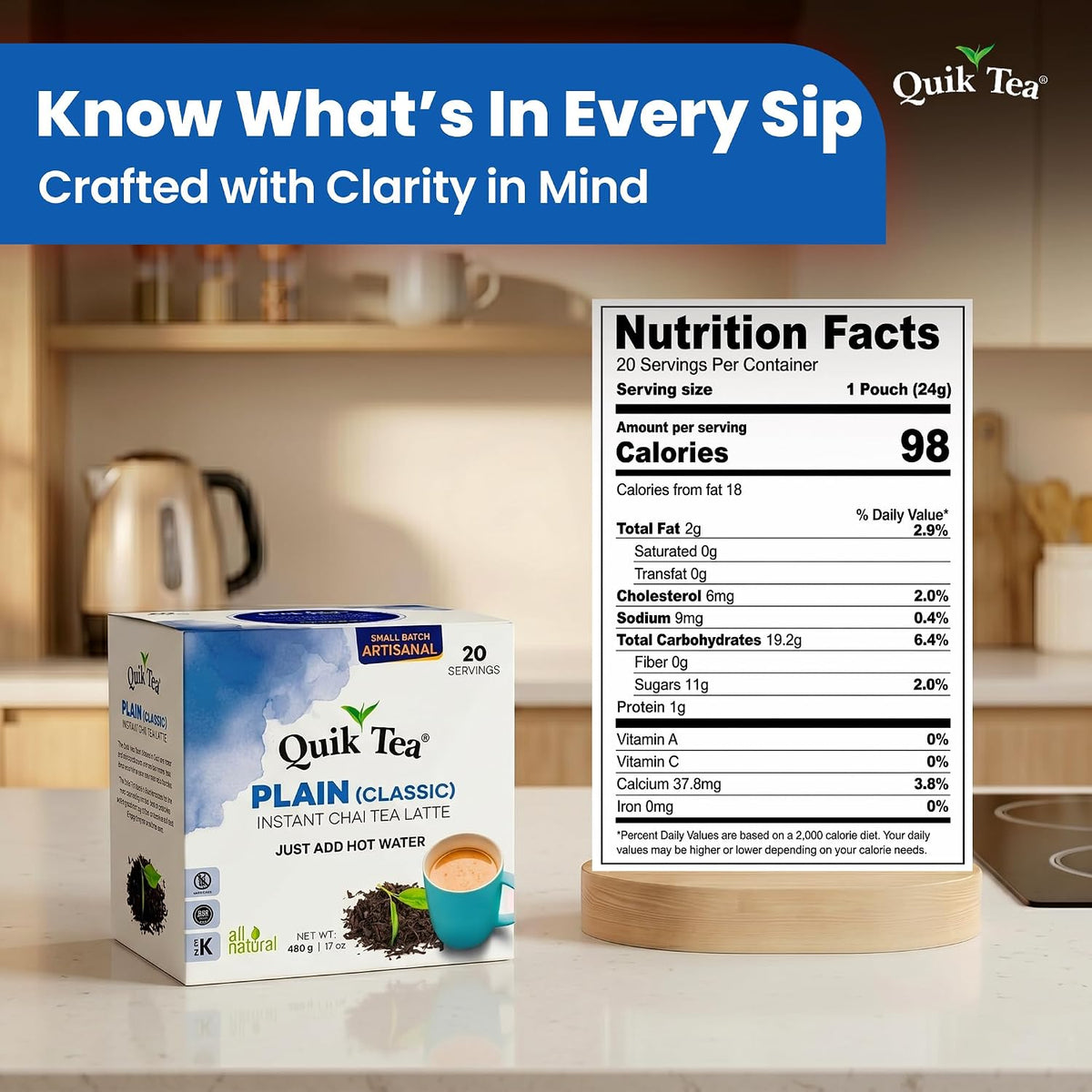 QuikTea Instant Chai Tea Latte Mix, Masala, Unsweetened, 20 Sachets
