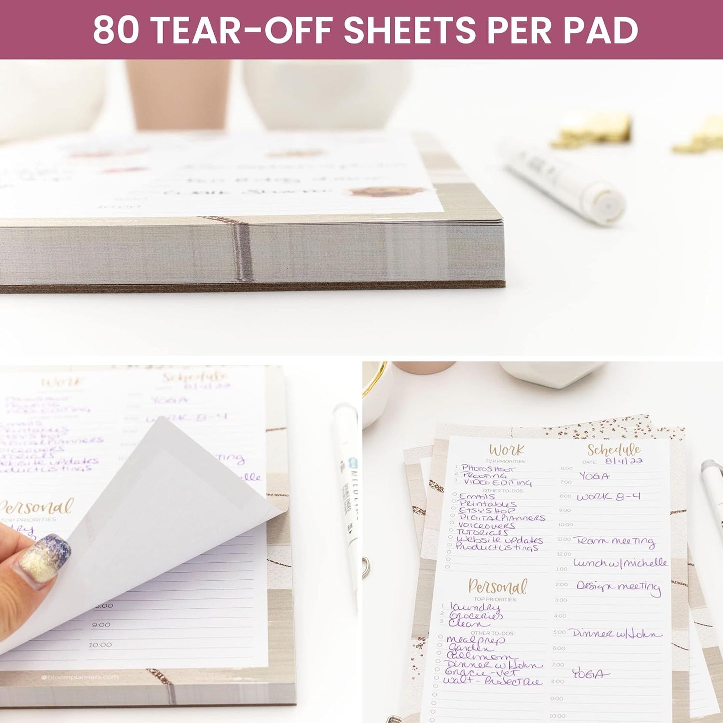 bloom daily planners Timed Work & Personal To Do List Planning Pad - ADHD Friendly Undated Tear-Off Hourly Checklist Notepad Appointment Organizer - 6" x 9" - Brushed Beige
