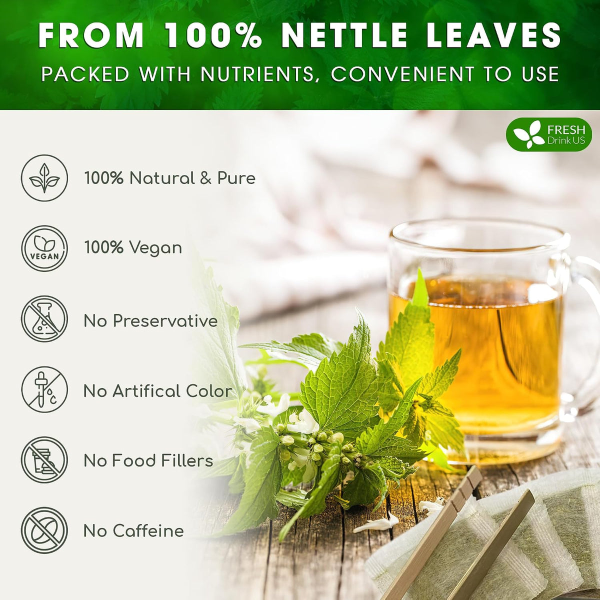 FreshDrinkUS, Premium 75 Nettle Leaf Tea Bags, 100% Natural & Pure, Stinging Nettle Leaf Tea, Burn Nettle, Stinging Nettle, Stinger Tea, No Sugar/Caffeine/Gluten, Vegan