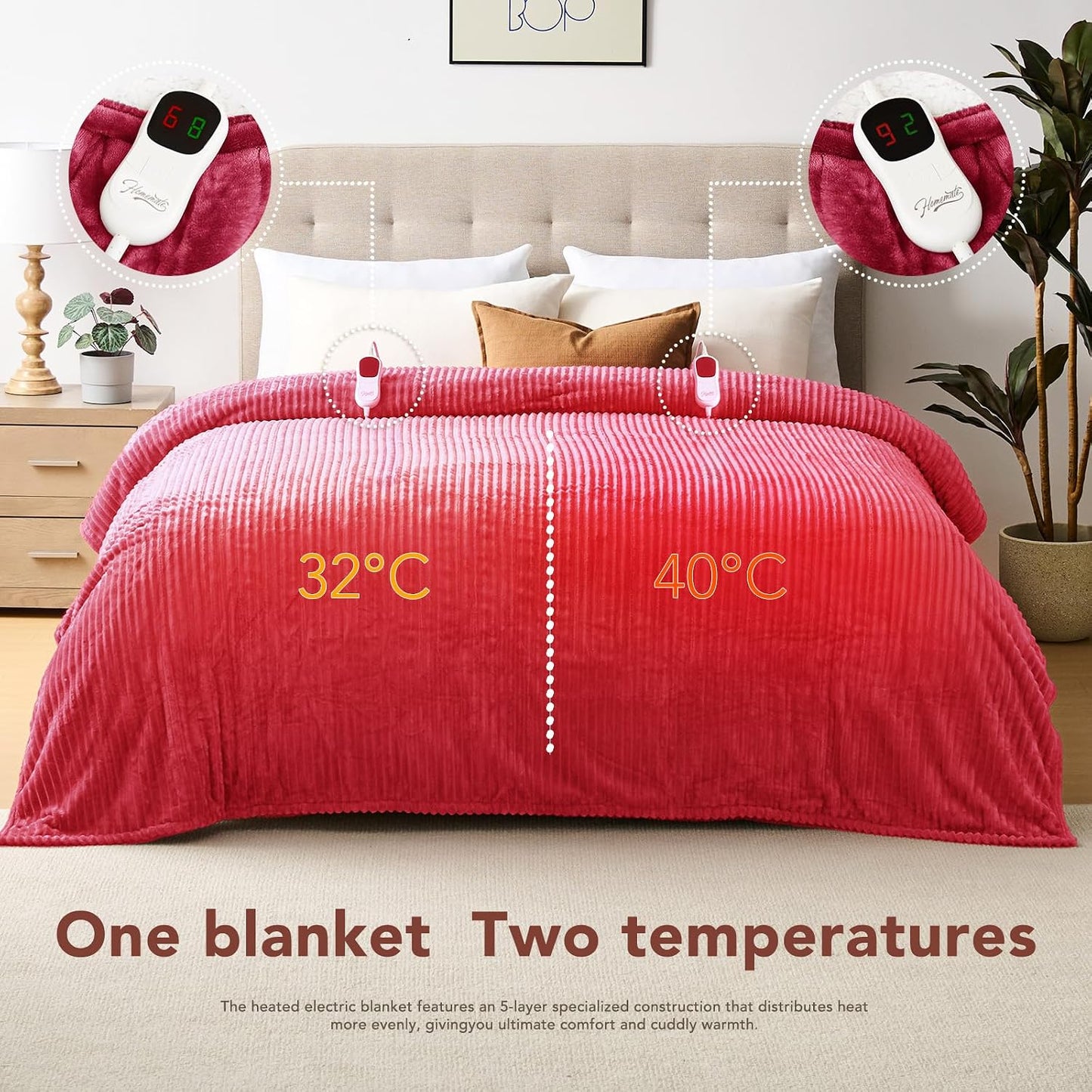 Homemate Heated Blanket Electric Throw - 50"x60" Heating Blanket Throw 1/2/4/6/8 Hours Auto-Off 10 Heat Levels Over-Heat Protection Soft Flannel Sherpa Heater ETL Certification