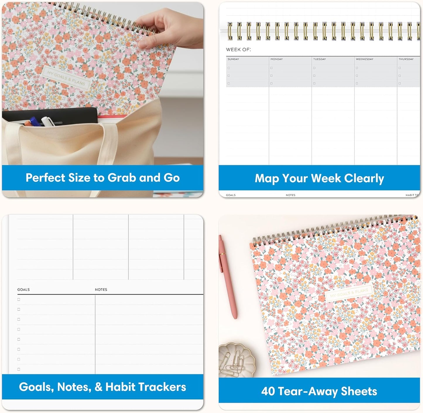 Blue Sky Weekly Planner Pad 300g Cardboard, Undated Weekly Safety Wirebound Top Bound (Navy, 12" x 9")