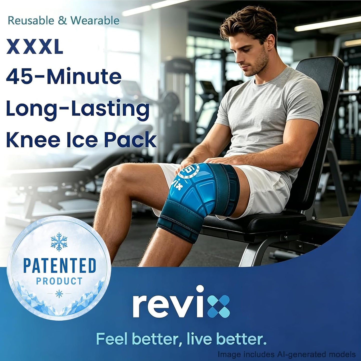 REVIX XXXL Knee Ice Pack Wrap Around Entire Knee, 45-Minute Long-Lasting Ice Pack for Knees with Ice Grid Gel Design, Cold Compress Therapy for Meniscus Tear, ACL (20"×10.7")
