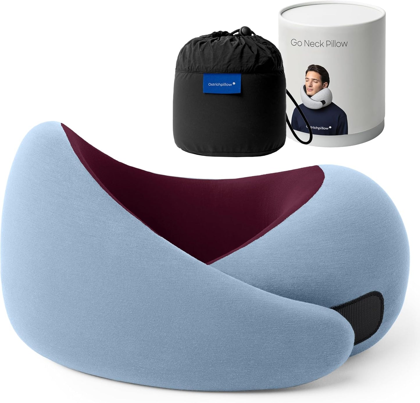 Ostrichpillow Go Neck Pillow, Travel Pillows for Airplanes, Premium Memory Foam Travel Pillow, 360º Ergonomic Design, Asymmetrical Sides, Travel Bag Included, Washable Modal Cover