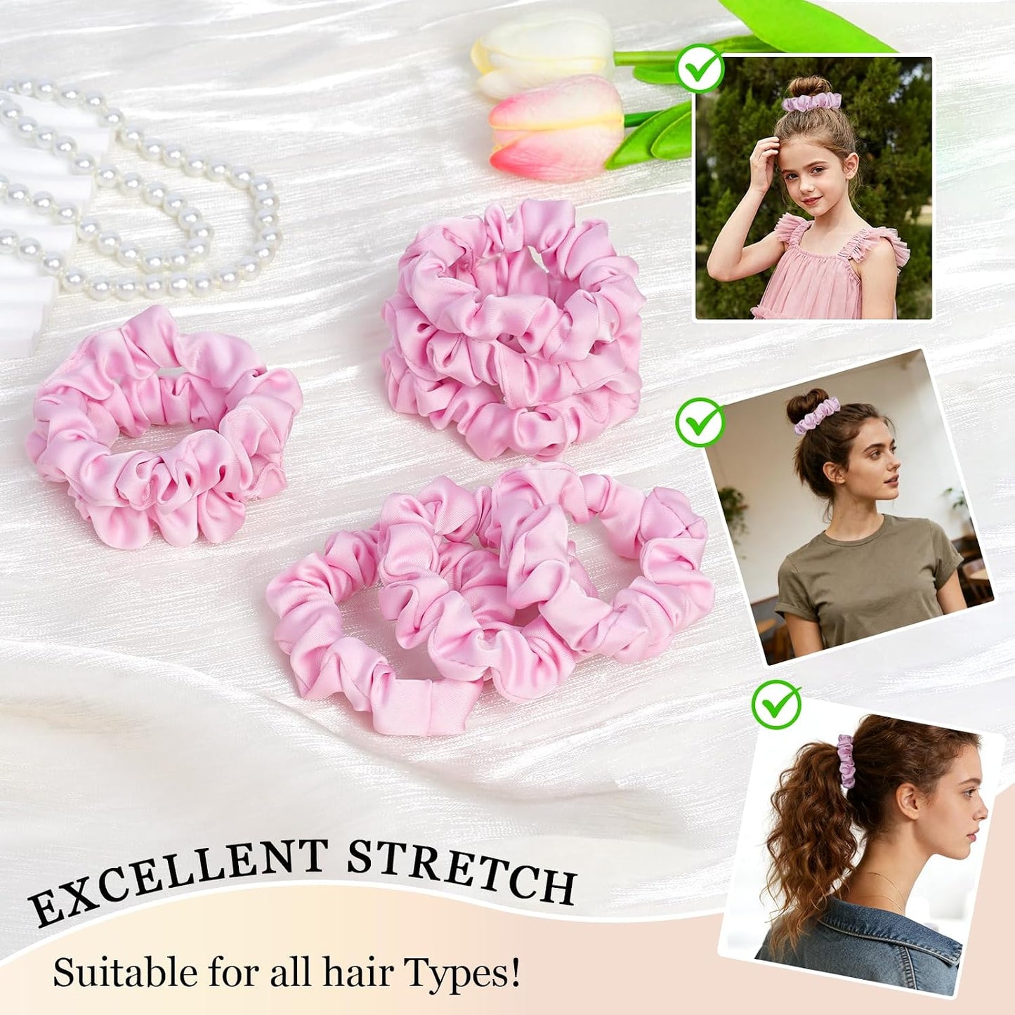 Satin Scrunchies for Women – 8PCS Blush & Brown Silk Hair Ties Set – No Crease, Frizz-Free, Gentle Elastic Hair Bands, Soft & Stylish Everyday Hair Accessories Gifts