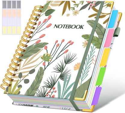 Hardcover Spiral Notebook journal with Removable Dividers Tabs, 300 Pages Leather 5 Subject Notebook College Ruled, 8"x10" Large B5 Notebooks for Work School Note taking, Lined Journal for Women,Black