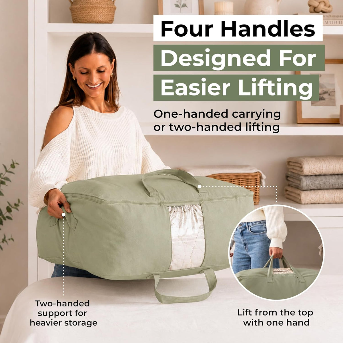 Soft Canvas Storage Bags with Zipper. Thick Breathable, 2pc King/Queen Comforter Organizer. Four Carrying Handles and Window. Large 25x19x9in Bag for Sheets Blankets Bedding Pillows, Clothes