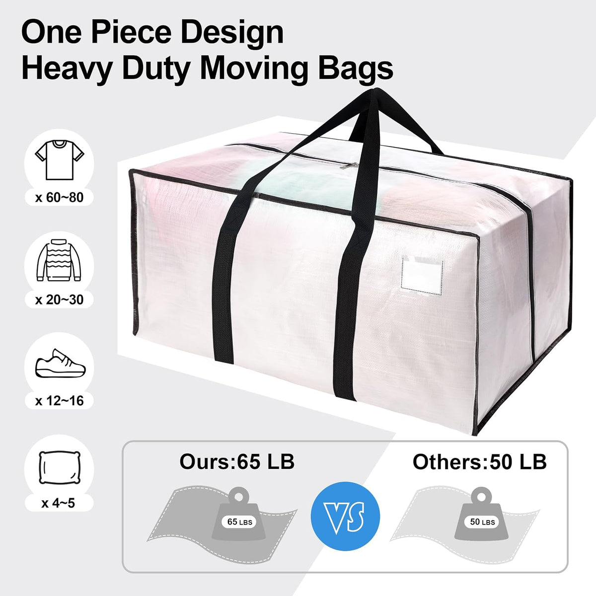 VELVETSURE Heavy Duty Extra Large Moving Bags W/Backpack Straps - Strong Handles & Zippers, Storage Totes For Space Saving, Fold Flat, Alternative to Box and Bin (Set of 6, Multicolor)