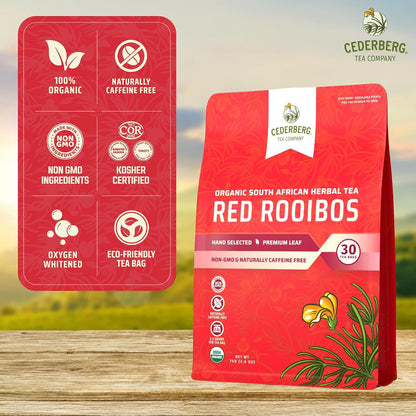 Cederberg Tea Company Red Rooibos Tea Bags USDA Certified South African Organic Herbal Tea, Naturally Caffeine Free Tea, Non-GMO, Premium Leaf, Rich in Antioxidants, 30 Count