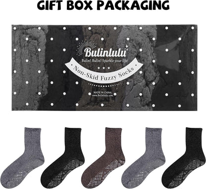 Bulinlulu Fuzzy Socks With Grips for Women, 5 Pairs Non Slip Sleep Warm Fluffy Slipper Socks Gifts for Women