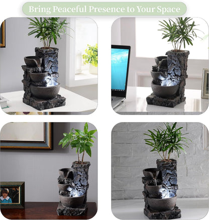 MAOCHI Indoor Tabletop Water Fountain with Planter Pot, Small Desk Waterfall with Cool LED Lights, Zen Decor for Office, Home & Bedroom, Calming Meditation Relaxation Gifts for Plant Lovers