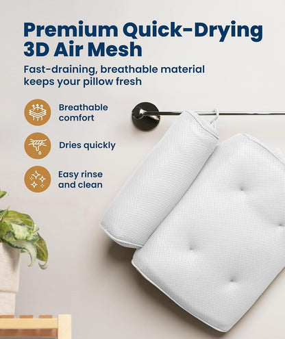 Everlasting Comfort Luxury Bath Pillows for Tub with Head and Neck Support - Non-Slip Bathtub Pillow with Suction Cups, Quick-Drying Mesh & Drying Hook - Jacuzzi & Spa Accessories for Women - Gray
