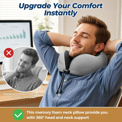 ExploreBliss Travel Pillow, Travel Pillows for Sleeping Airplane, Neck Pillow Airplane, Memory Foam Neck Pillow Set with Eye Mask, Earplugs and Storage Bag -Grey