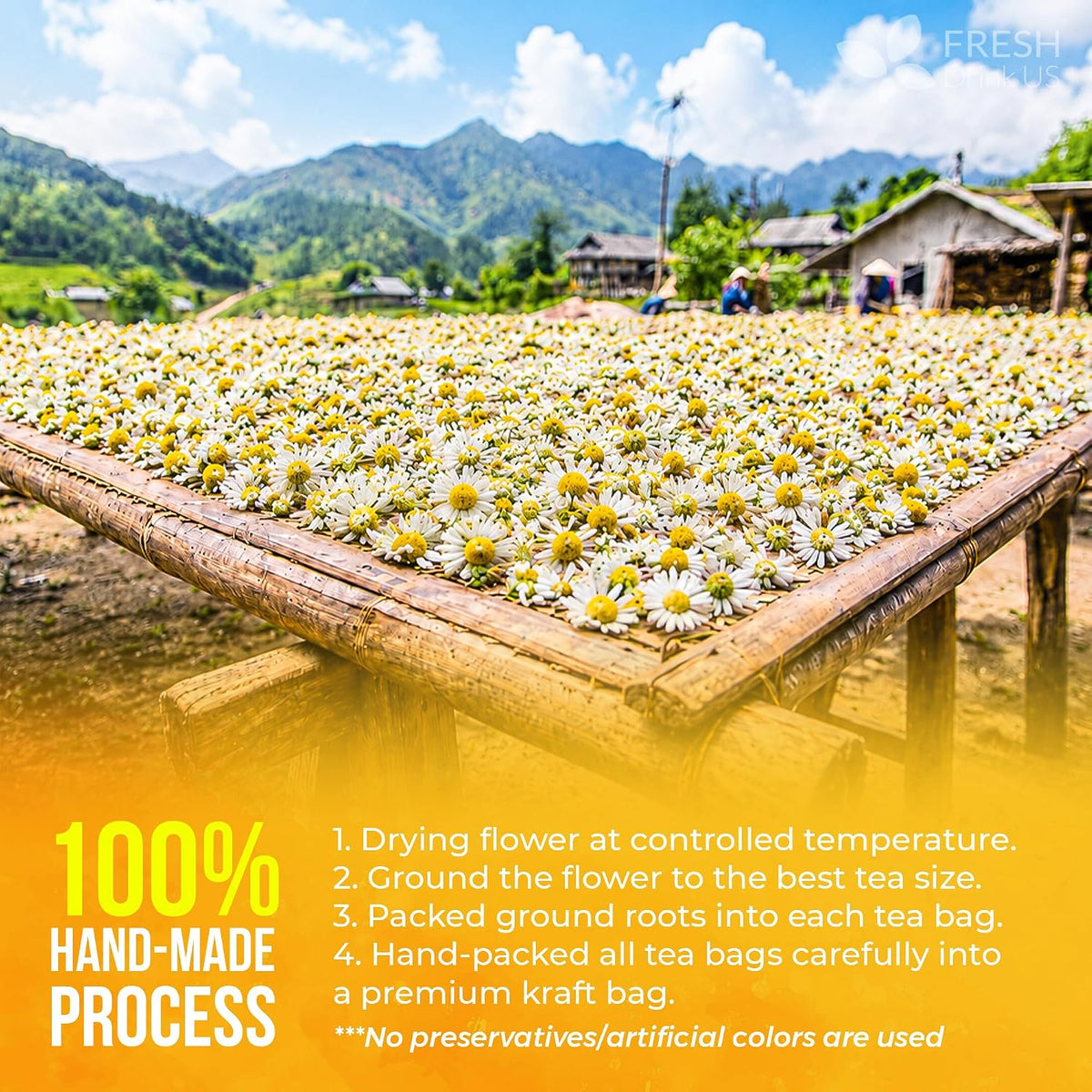 FreshDrinkUS, 135 Chamomile Tea Bags, 100% Natural and Pure Chamomile Flowers, Eco-Conscious Tea Bags. Chamomile Flower Herbal Tea. No Sugar, No Caffeine, No Gluten, Vegan.