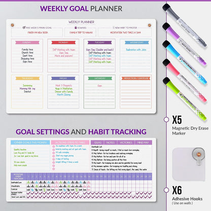 Magnetic Whiteboard for Fridge - Large Dry Erase Calendar for Wall | 2 Magnetic Dry Erase Board 10.5" x 16.5" & 7" x 16.5", Monthly Goal Setting & Habit Tracker, 5 Markers and 6 Adhesive Hooks