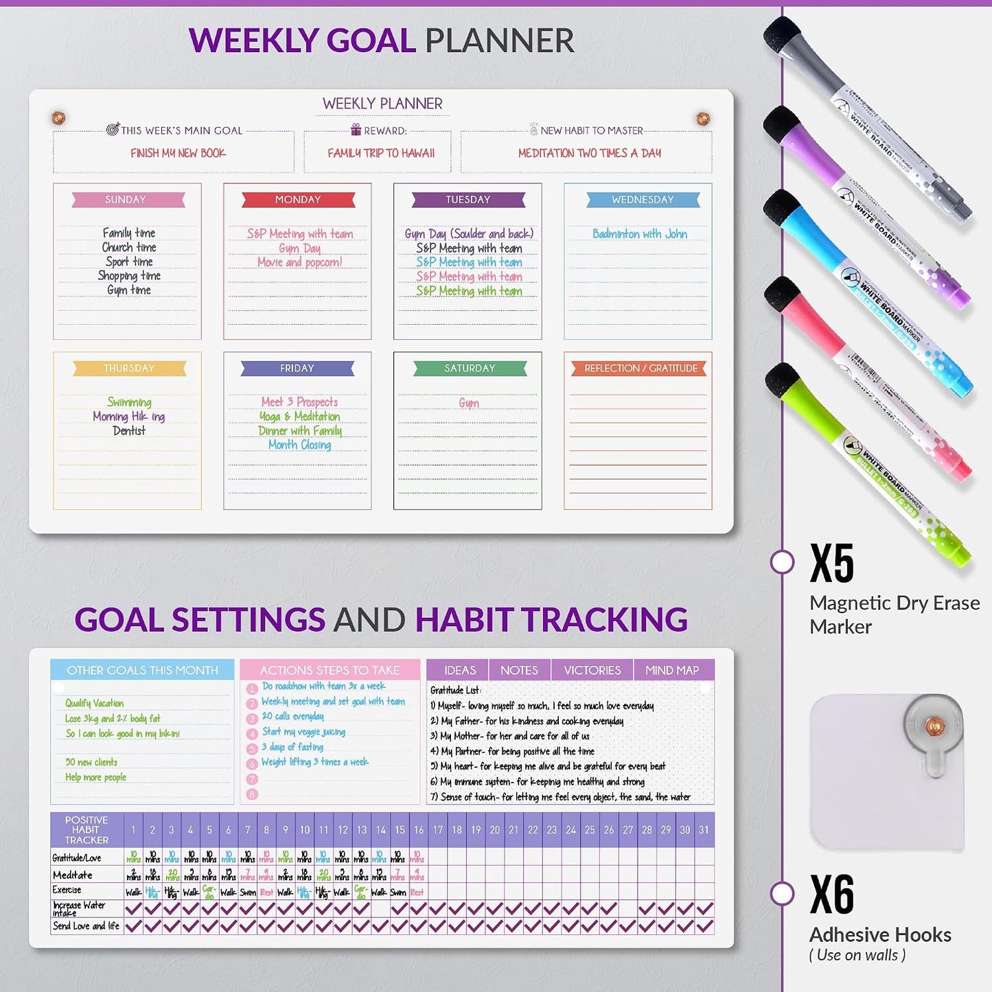 Magnetic Whiteboard for Fridge - Large Dry Erase Calendar for Wall | 2 Magnetic Dry Erase Board 10.5" x 16.5" & 7" x 16.5", Monthly Goal Setting & Habit Tracker, 5 Markers and 6 Adhesive Hooks