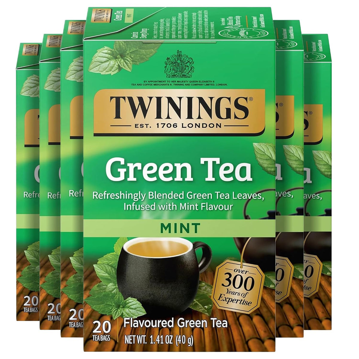 Twinings Green Tea with Mint Individually Wrapped Bags, 20 Count (Pack of 6), Invigorating Aroma, Caffeinated, Enjoy Hot or Iced, 120 Teabags