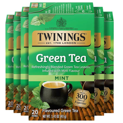 Twinings Green Tea with Mint Individually Wrapped Bags, 20 Count (Pack of 6), Invigorating Aroma, Caffeinated, Enjoy Hot or Iced, 120 Teabags